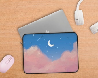 Kawaii Clouds and Moon Laptop Sleeve / Pink Blue Star Case / 12,13, 15 inch / Computer Tech Accessories / Office Decor / Kawaii Gift for Her