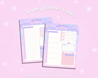 May include: A digital planner bundle with a dreamy aesthetic. The daily planner and weekly planner feature a pastel purple and blue sky with clouds and stars. The text "daily planner" and "weekly planner" is included in the image. The text "HABITS" is included in the weekly planner. The text "digital download" is included in the image. The text "English & Spanish / multiple sizes" is included in the image.