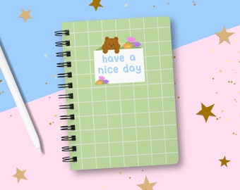 Cute Bear Spiral Notebook / Lined Paper Green Aesthetic Ruled Stationery / Kawaii Animal Illustration / Positive Message Journal Cover