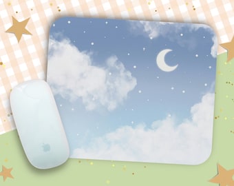 Kawaii Celestial Mouse Pad / Dreamy Blue Star and Moon Design Mouse Mat / Cute Clouds Desk Accessory / Gaming Desk Mat / Gamer Girl