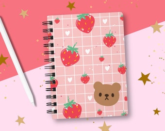 Cute Strawberry Bear Spiral Notebook / Lined Paper Pink Aesthetic Ruled Journals / Kawaii Animal Illustration Notebook Cover / Stationery