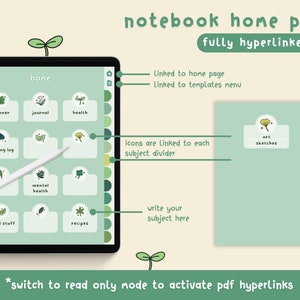 Cute Green Digital Notebook With Tabs / Kawaii Plants Digital Planner ...