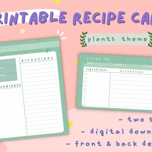Carte de recette imprimable | Modèle de page de recette de plante recto-verso | Green US Letter PDF Téléchargement numérique