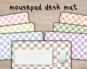 Pastel Desk Mat with Checkered Flowers | Cute Checkerboard Gaming Mouse Pad | Gamer Girl Gift | Pink Green Blue Purpl Office Desk Accessory