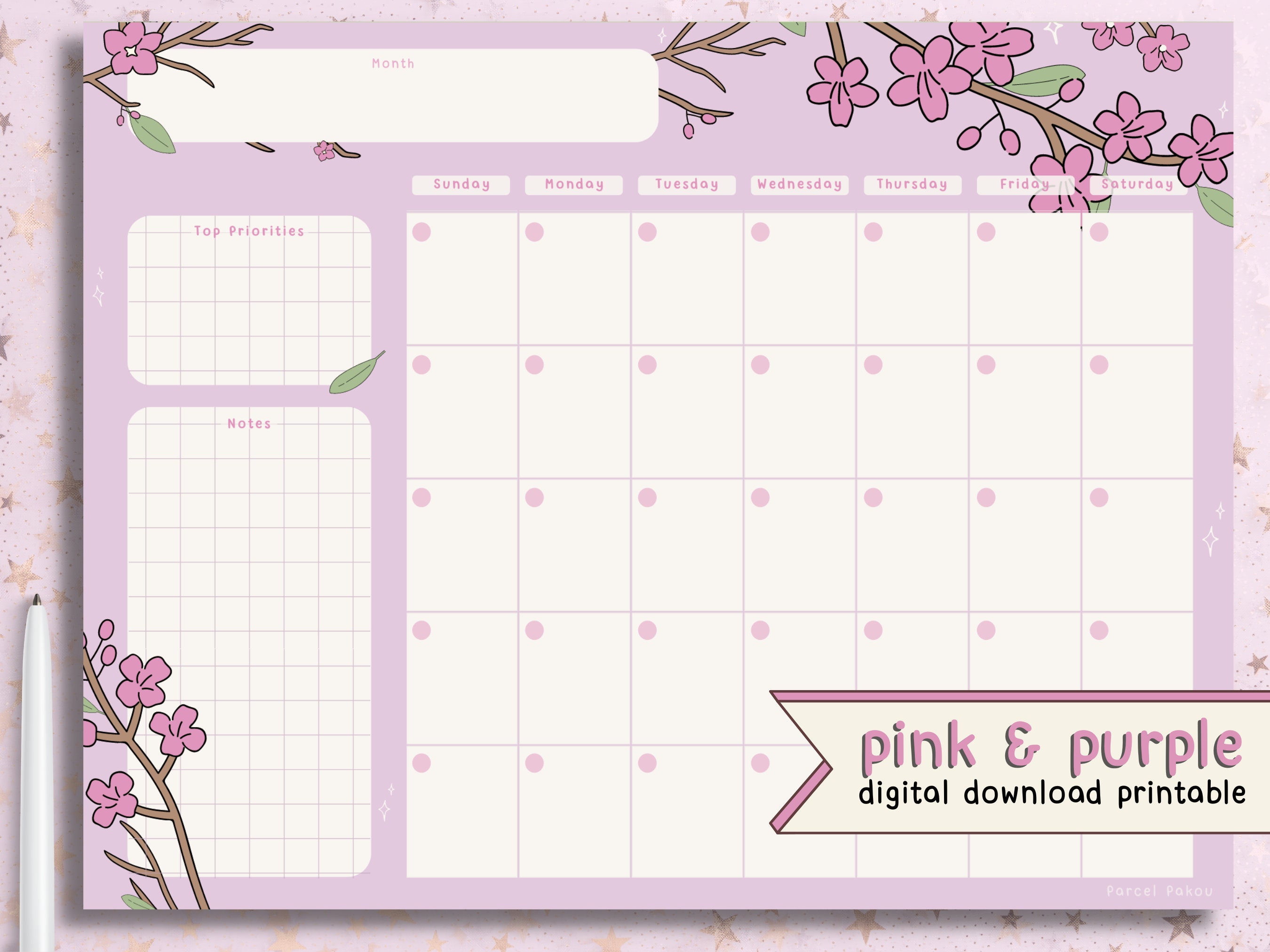 Floral Printable Blank Calendar / Cute Desk Calendar / Flower Etsy