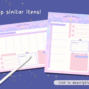 May include: A printable weekly planner with a pastel pink and purple gradient background. The planner features a cloud and star design with the text "weekly planner" at the top. The planner includes sections for daily tasks, habits, and notes.