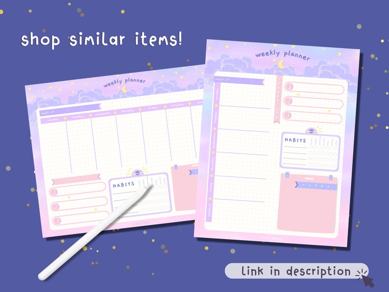 May include: A printable weekly planner with a pastel pink and purple gradient background. The planner features a cloud and star design with the text "weekly planner" at the top. The planner includes sections for daily tasks, habits, and notes.
