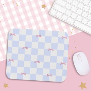 Rosa Schleife Mauspad / Blaue kleine Schachbrett Mausmatte / Schreibtisch Matte Unterlage / Süßes Schreibtisch Dekor / Gaming Zubehör