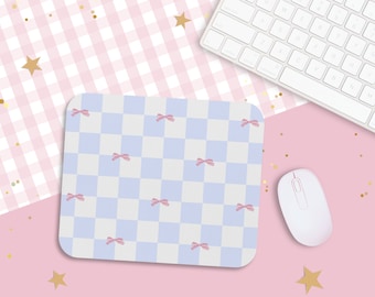 Pink Bow Mouse Pad / Blue Checkerboard Small Mouse Mat / Desk Mat Pad / Preppy Mousepad / Cute Office Desk Decor / Gaming Setup Accessories