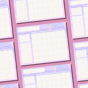 May include: A set of five printable monthly calendar pages with a pastel purple and blue gradient background. The calendar pages feature a whimsical design with clouds, stars, and a crescent moon. Each page has a section for daily notes and a to-do list.