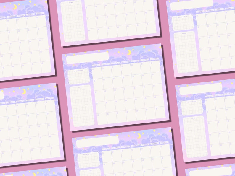 May include: A set of five printable monthly calendar pages with a pastel purple and blue gradient background. The calendar pages feature a whimsical design with clouds, stars, and a crescent moon. Each page has a section for daily notes and a to-do list.