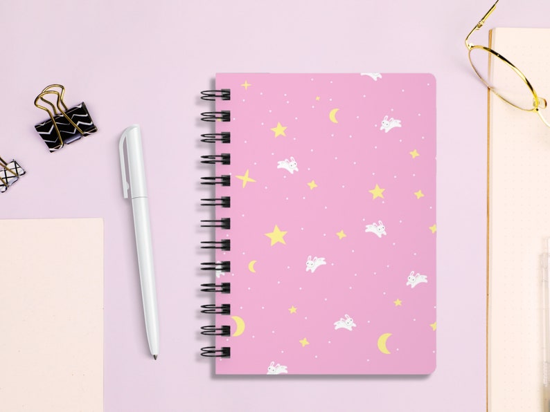 Kawaii Moon Bunny Spiral Notebook / Pink Purple Blue Journal / Lined Note Paper / Cute Celestial Star and Moon Stationery / Anime Lover Gift image 4