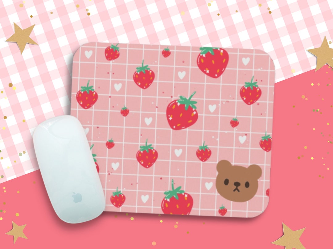 Cute Pink Mouse Pad / Small Kawaii Bear Mouse Mat / Kawaii Strawberry