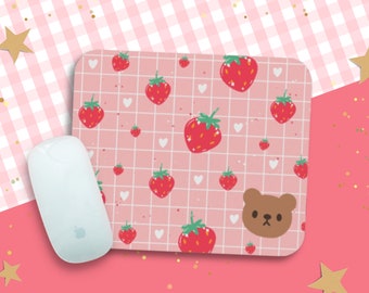 Cute Pink Mouse Pad / Small Kawaii Bear Mouse Mat / Kawaii Strawberry Mouse Pad / Desk Decor / Pastel Mousepad Gift / Pink Heart Mouse Pad