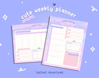 May include: A printable weekly planner with a cute, pastel design featuring clouds, stars, and a moon. The planner has sections for daily tasks, habits, and notes. The text "cute weekly planner" is written in a playful font at the top of the page.