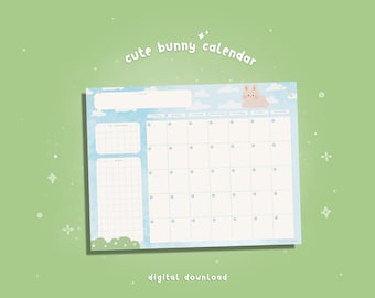 Printable Monthly Planner Blue Sky / Blank Desk Calendar / Cute 2024 Digital Calendar for Goodnotes / Kawaii Illustration / Bunny Stationery