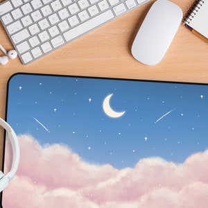 Pink Clouds Desk Mat / Cute Celestial Star and Moon Large Gaming Mouse Pad  / Kawaii Gamer Girl Gift / Aesthetic Blue Desk Accessory