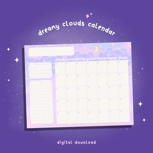 Planner mensile stampabile Dreamy Clouds / Calendario da tavolo vuoto / Calendario digitale carino 2025 GoodNotes Penly / Cancelleria kawaii aperta e non datata