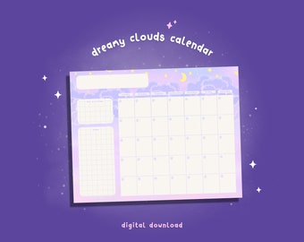 Printable Monthly Planner Dreamy Clouds / Blank Desk Calendar / Cute 2024 Digital Calendar GoodNotes Penly / Open Undated Kawaii Stationery