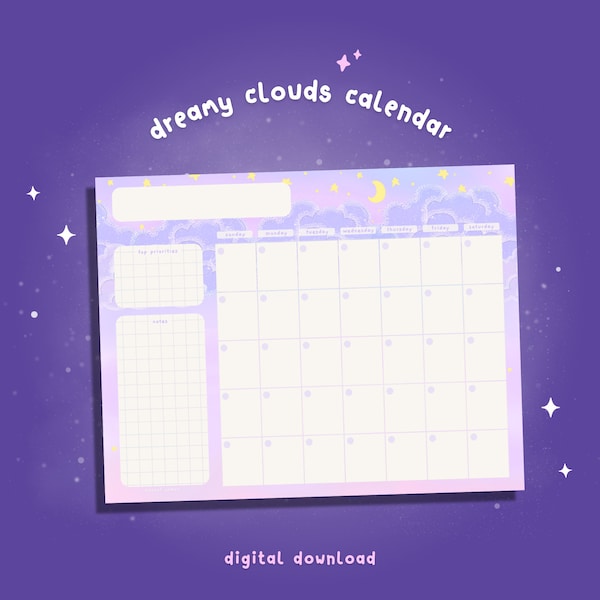 Printable Monthly Planner Dreamy Clouds / Blank Desk Calendar / Cute 2024 Digital Calendar GoodNotes Penly / Open Undated Kawaii Stationery