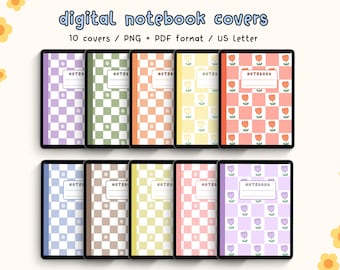 Notebook Covers for Goodnotes / Pastel Digital Notebook Cover / 10 Digital iPad Planner Covers / Digital Journal Art / Flower Checkerboard