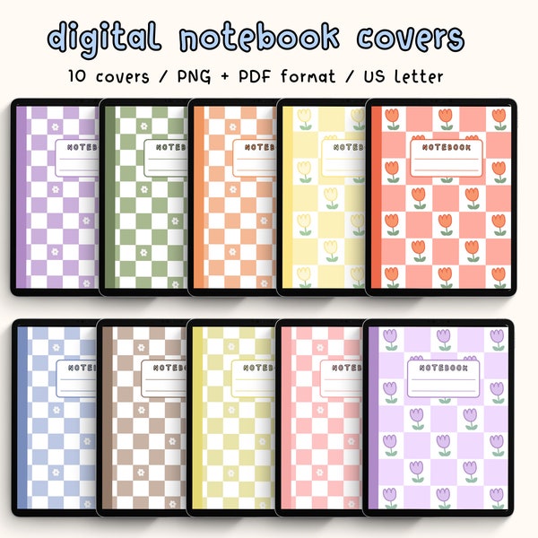 Notebook Covers for Goodnotes / Pastel Digital Notebook Cover / 10 Digital iPad Planner Covers / Digital Journal Art / Flower Checkerboard