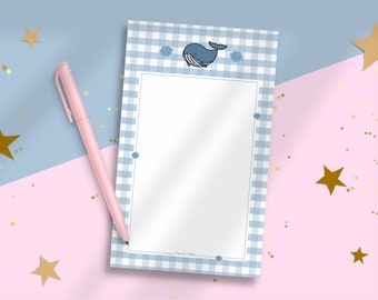 Kawaii Whale Notepad / Cute Ocean Animal Stationery / To Do List Memo Pad / Seashell Blue Gingham Writing Pad  / 50 Pages Blank Notes