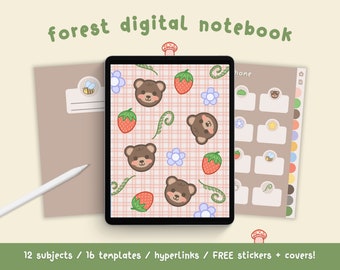 Joli cahier numérique avec onglets / cahier numérique forêt, cahier d'étudiants GoodNotes, cahier Kawaii avec lien hypertexte notable, agenda pour iPad