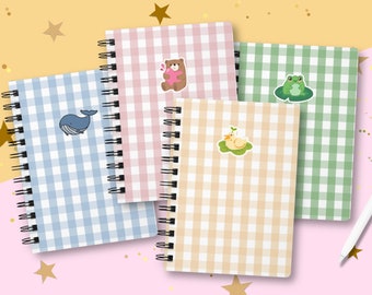 Cute Spiral Notebook Journal / Lined Paper Aesthetic Stationery / Kawaii Animal Illustration Notebook Cover / Spring Gifts / Pastel Gingham