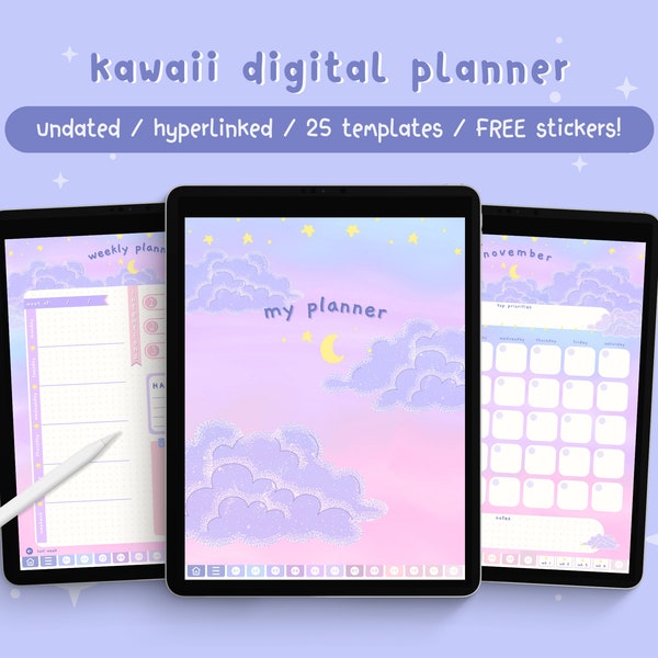 Undated Digital Planner / Cute Goodnotes Planner / 2023 Kawaii iPad Planner / Digital Notebook with Tabs / Daily, Weekly & Monthly Planner