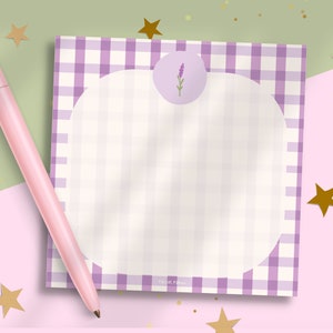 Notepad Lavender Flower | Pastel Purple Gingham Square Notes Stationery | Cute Aesthetic 4x4 Memo Note pad