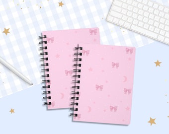Coquette Bow Spiral Notebook / Pink Aesthetic Journal / Lined Note Paper / Celestial Stationery / Cute Star and Moon Illustration / Pastel