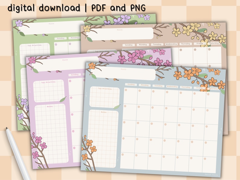 Floral Printable Blank Calendar / Cute Desk Calendar / Flower - Etsy