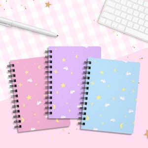 Kawaii Moon Bunny Spiral Notebook / Pink Purple Blue Journal / Lined Note Paper / Cute Celestial Star and Moon Stationery / Anime Lover Gift image 1