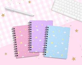 Kawaii Moon Bunny Spiral Notebook / Pink Purple Blue Journal / Lined Note Paper / Cute Celestial Star and Moon Stationery / Anime Lover Gift