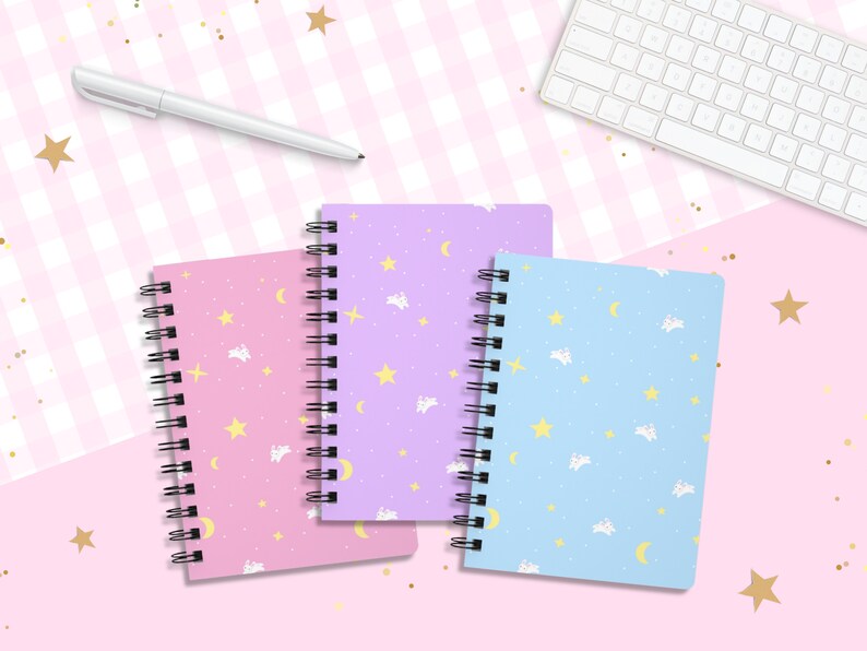 Kawaii Moon Bunny Spiral Notebook / Pink Purple Blue Journal / Lined Note Paper / Cute Celestial Star and Moon Stationery / Anime Lover Gift image 1