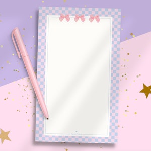 Cute Pink Bow Notepad / Coquette Cute Blue Stationery / To Do List Memo Pad / Writing Pad Gifts for Women/50 Pages Kawaii Checkered Notepad
