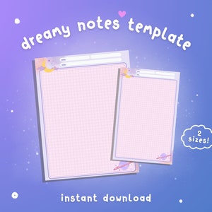 Página de notas para impressão / Modelo de notas de grade sonhadora / Papelaria celestial / PDF de carta dos EUA / Modelo de papel de notabilidade bonito GoodNotes / Escrita