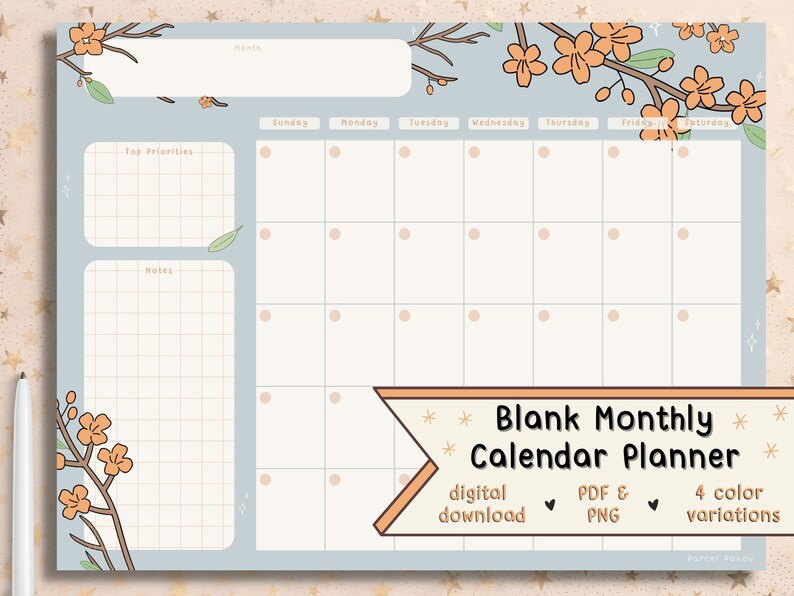 Floral Printable Blank Calendar / Cute Desk Calendar / Flower Etsy
