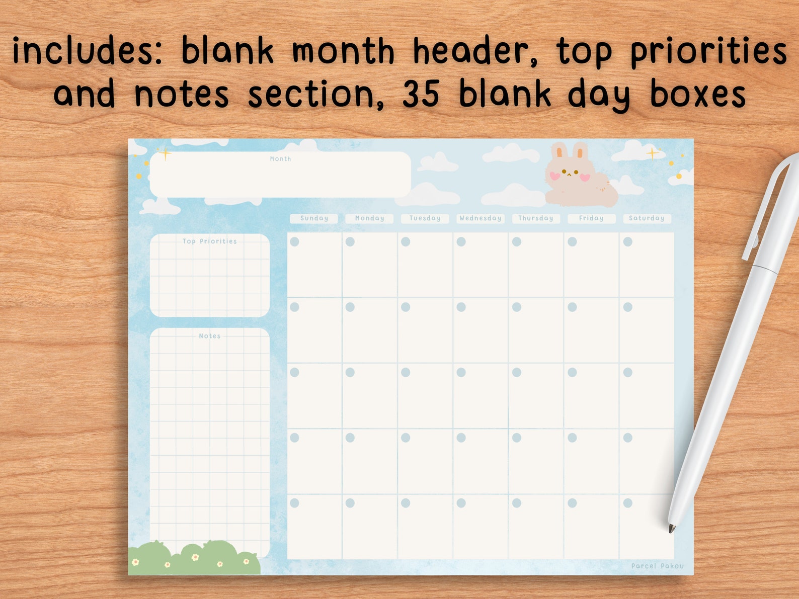 Printable Monthly Planner Blue Sky / Blank Desk Calendar / Etsy