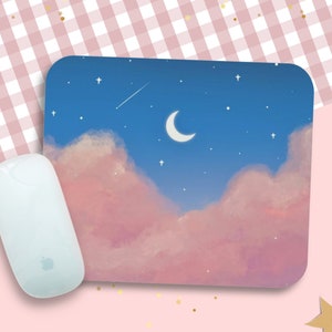 Niedliches Ästhetisches Mauspad Kleine Kawaii Wolken Mausmatte | Himmlischer Mond Pink Blau Mousepad auf Schreibtisch Desktop-Dekor | Verträumtes Mousepad Geschenk