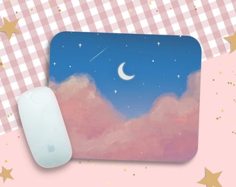 Cute Aesthetic Mouse Pad Small Kawaii Clouds Mouse Mat | Celestial Moon Pink Blue Mousepad on Desk Desktop Decor | Dreamy Mousepad Gift