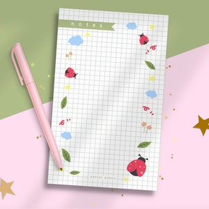 Kawaii Ladybug Notepad / Cute Spring Garden Grid Stationery / To Do List Memo Pad / Writing Pad Gifts for Women / 50 Pages Nature Notepad
