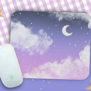 Kawaii Celestial Mouse Pad / Pastel Goth Pink, Blue, Purple Star and Moon Design / Cute Clouds Desk Accessory for Work or Gaming