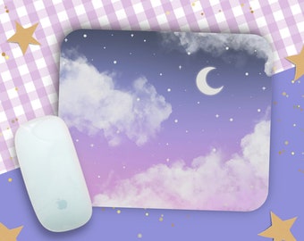 Kawaii Celestial Mouse Pad / Pastel Goth Pink, Blue, Purple Star and Moon Design / Cute Clouds Desk Accessory for Work or Gaming