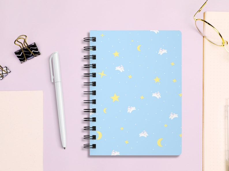 Kawaii Moon Bunny Spiral Notebook / Pink Purple Blue Journal / Lined Note Paper / Cute Celestial Star and Moon Stationery / Anime Lover Gift image 8