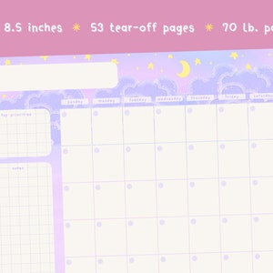 May include: A weekly planner with a pastel purple and blue gradient background featuring a cloud and star design. The planner has a section for top priorities, notes, and a daily calendar with space for each day of the week. The planner is 11 x 8.5 inches and has 53 tear-off pages.