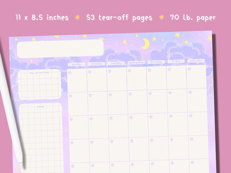 May include: A weekly planner with a pastel purple and blue gradient background featuring a cloud and star design. The planner has a section for top priorities, notes, and a daily calendar with space for each day of the week. The planner is 11 x 8.5 inches and has 53 tear-off pages.