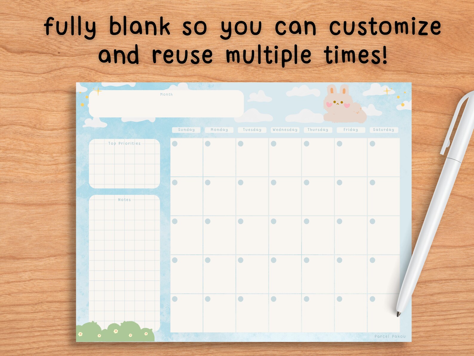 Printable Monthly Planner Blue Sky / Blank Desk Calendar / - Etsy