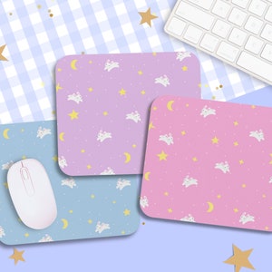 Kawaii Moon Bunny Mauspad / Rosa Pastell Niedliche Himmlische Schreibtischmatte / Anime Geschenk Mousepad / Schreibtisch Accessoires / Ästhetische Gamer Mädchen Mausmatte